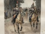two men riding horses on a dirt road with trees in the background