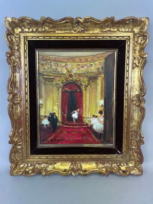 une peinture à l'huile représentant une pièce avec un tapis rouge et un cadre doré