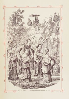 illustration tirée d'un vieux livre représentant un homme et une femme debout devant un bâtiment