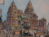 a painting of a building with a horse drawn carriage in front of it
