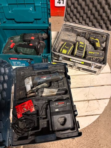 Lot de 3 coffrets  sur batterie, visseuse Work, perforateur burin...