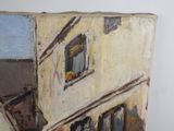 a picture of a painting of a building with a bird in the window