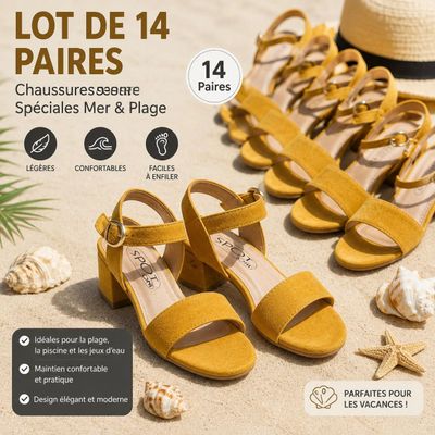 Lot de 14 paires de sandales jaunes et d'un chapeau sur la plage