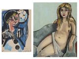 two paintings of a woman sitting on a couch next to a painting of a woman