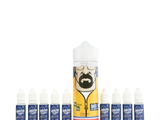 une bouteille de liquide sur laquelle figure une moustache, à côté de cinq bouteilles de liquide