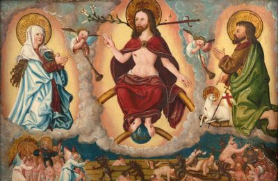 an image of a painting of jesus on the cross surrounded by angels