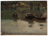 two boats that are sitting in the water by the shore