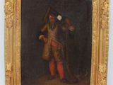 an oil painting of a man in a red outfit holding a cane