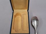 a silver comb and a silver spoon in a blue box