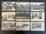 several old black and white photographs of people and vehicles in a town