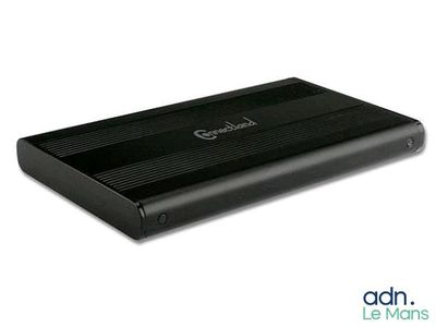 a close up of a black external hard drive on a white background