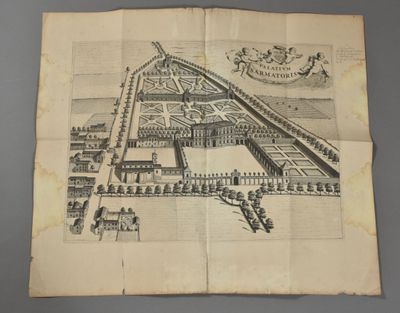 an old drawing of a palace with a large courtyard and a garden