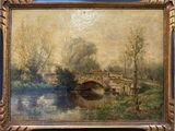 an oil painting of a bridge over a river with trees in the background