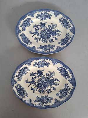 deux assiettes bleues et blanches ornées de fleurs, posées sur une table