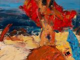 une peinture à l'huile représentant une femme sur la plage avec un parasol rouge