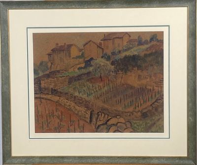 peinture représentant un paysage avec une ferme et une maison au loin