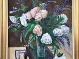 une peinture de fleurs dans un vase sur une table