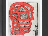 tableau encadré représentant un dessin en rouge et noir d'une cage avec un chat à l'intérieur