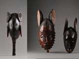 trois vues différentes d'un masque en bois avec des oreilles et des oreilles