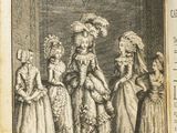 un vieux livre avec l'image d'une femme en costume d'apparat