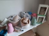 a shelf with various items on it in a room