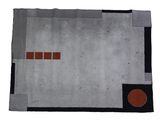 a close up of a rug on a white surface with a red dot