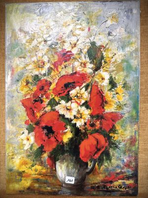 une peinture de fleurs dans un vase sur une table