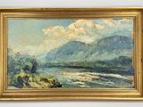 an image of a painting of a river with mountains in the background