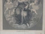an old picture of a woman sitting on a cloud with angels in the background