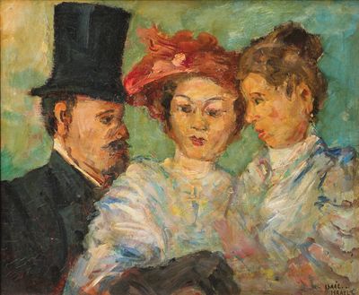 une peinture à l'huile représentant trois personnes accompagnées d'un chien et d'un homme portant un haut-de-forme