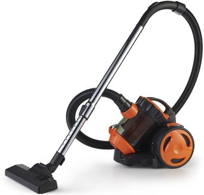 un aspirateur noir et orange sur fond blanc
