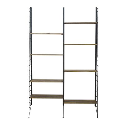 une étagère noire et en bois comportant quatre tablettes de chaque côté