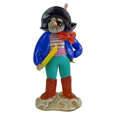 figurine of a cat dressed in a pirate costume holding a bat