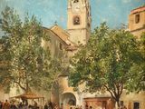 painting of a city square with people and a dog in the foreground