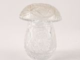 un vase en verre transparent surmonté d'un champignon, posé sur une surface blanche
