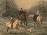une peinture représentant un groupe de personnes à cheval dans un champ
