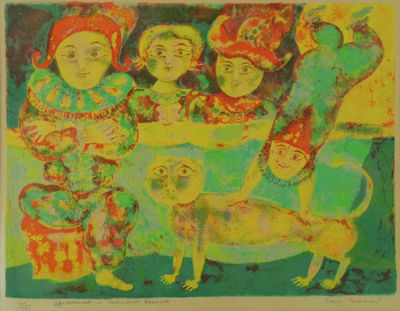 Sakti BURMAN (né en 1935). Les saltimbanques au chat. Lithog…