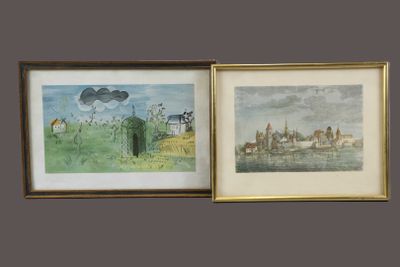two framed watercolors of a landscape with horses in the foreground
