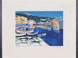 a painting of boats in a harbor with buildings in the background