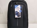 a black backpack with a tag on it sitting on a table
