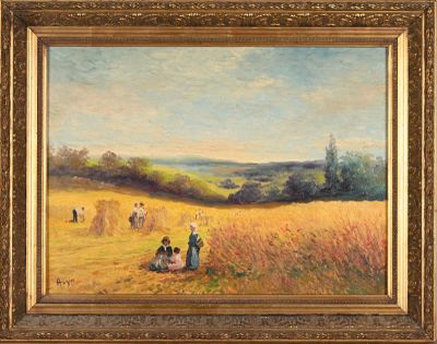 un tableau représentant des personnes dans un champ, avec le ciel en arrière-plan