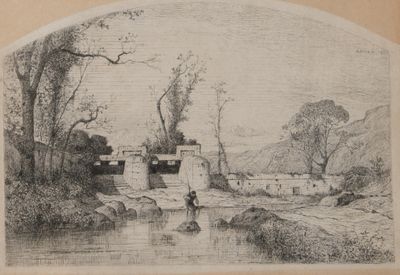 un vieux dessin représentant un homme debout dans une rivière, près d'un bâtiment