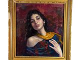 tableau représentant une femme en robe bleue tenant un foulard jaune