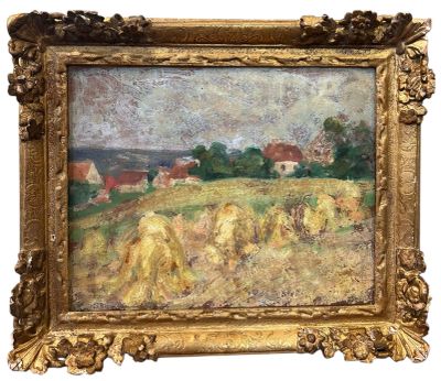 an image of a painting of a farm scene in a gold frame
