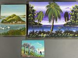three paintings of birds and palm trees on a table