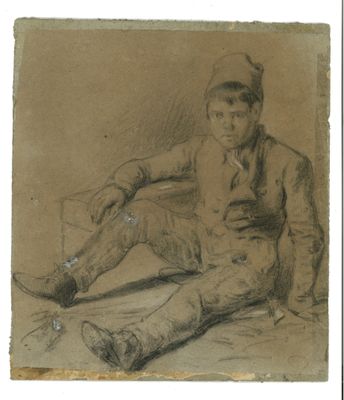 dessin représentant un homme assis par terre, les jambes croisées