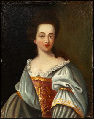 an old painting of a woman in a blue dress with a red and gold dress