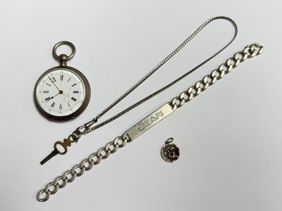 Lot en argent: montre de poche en argent, ( 61g ) gourmette …