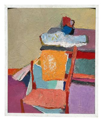 une image représentant une peinture d'une chaise et d'un vase posés sur une table