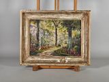 une peinture à l'huile représentant un sentier dans les bois avec une maison en arrière-plan